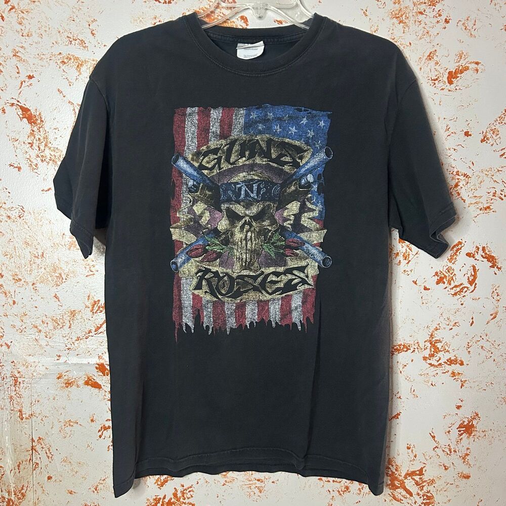 Guns N’ Roses T-Shirt Men’s Medium Hanes Heavyweight Black Skull Flag Band Tee
